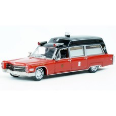 BR19780 HO Scale Brekina 1966 Cadillac Miller Meteor Ambulance - Red/Black Chicago Fire Dept