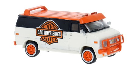 BR18260 - Brekina HO 1983 Chevrolet G20 Van - White/Black/Orange "Bad Boys Motorcycles"