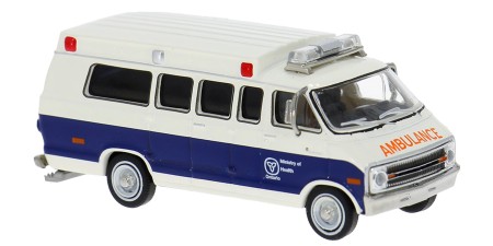 BR18307 HO Scale 1975 Dodge B200 Ambulance - White/Blue Ontario Ministry of Health