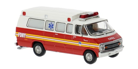 BR18301 HO Scale 1975 Dodge B200 Ambulance - White/Red FDNY BR18301 HO Scale 1975 Dodge B200 Ambulance - White/Red FDNY