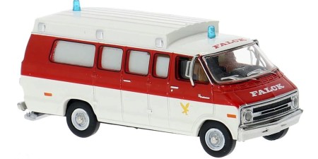 BR18302 HO Scale 1975 Dodge B200 Ambulance - White/Red Falck BR18302 HO Scale 1975 Dodge B200 Ambulance - White/Red Falck