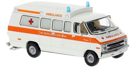 BR18303 HO Scale 1975 Dodge B200 Ambulance - White/Orange Nederland