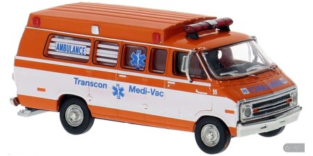 BR18305 HO Scale 1975 Dodge B200 Ambulance - Orange/White Transcon