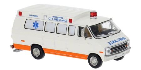 BR18306 HO Scale 1975 Dodge B200 Ambulance - White/Orange "Las Cruces" BR18306 HO Scale 1975 Dodge B200 Ambulance - White/Orange "Las Cruces"