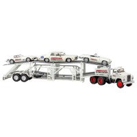 BRE90500 - HO Scale Brekina Dodge LCF CT-900 Tandem Axle Truck Tractor & Auto Carrier With Cars  - White Hurricane Hell Drivers