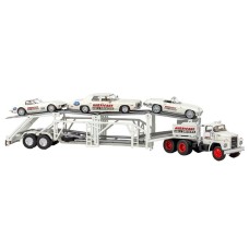 BRE90500 - HO Scale Brekina Dodge LCF CT-900 Tandem Axle Truck Tractor & Auto Carrier With Cars - White Hurricane Hell Drivers BRE90500 - HO Scale Brekina Dodge LCF CT-900 Tandem Axle Truck Tractor & Auto Carrier With Cars - White Hurricane Hell Drivers