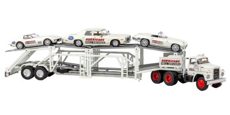 BRE90500 - HO Scale Brekina Dodge LCF CT-900 Tandem Axle Truck Tractor & Auto Carrier With Cars - White Hurricane Hell Drivers BRE90500 - HO Scale Brekina Dodge LCF CT-900 Tandem Axle Truck Tractor & Auto Carrier With Cars - White Hurricane Hell Drivers