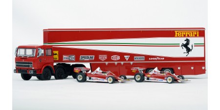 BR58575 HO Scale 1970s Fiat 691T Racing Team Transporter & Ferrari 312T2B Formula 1 Race Cars