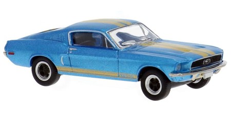 BR19610 HO Scale Brekina 1968 Ford Mustang Boss 302 Fastback - Metallic Light Blue & Gold Stripes