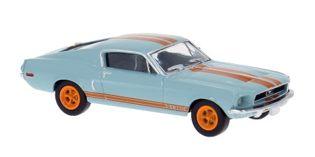 BR19619 HO Scale Brekina 1968 Ford Mustang GT Fastback - Light Blue & Orange Stripes BR19619 HO Scale Brekina 1968 Ford Mustang GT Fastback - Light Blue & Orange Stripes