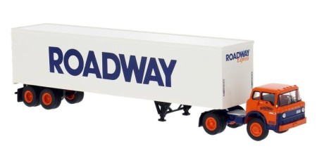 BR86327 HO Scale Brekina 1970 Ford C-Series COE Truck Tractor & 45' Trailer Orange/Blue - Roadway