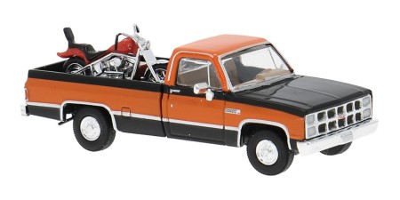 BR19662 - Brekina HO 1981 GMC Sierra Grande Pickup - Black/Orange w/Motorcycle
