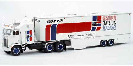 BR85740 HO Scale Brekina Kenworth K100 108"BBC Aerodyne COE Race Transporter - Datsun Racing