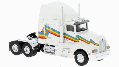 BR85932 HO Scale Brekina Kenworth T600 Sleeper Truck Tractor White/Rainbow Stripe