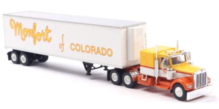 BRE86256 - HO Scale Brekina Kenworth W900 Tandem Axle Truck Tractor & 45' Trailer - Orange/White "Monfort" BRE86256 - HO Scale Brekina Kenworth W900 Tandem Axle Truck Tractor & 45' Trailer - Orange/White "Monfort"