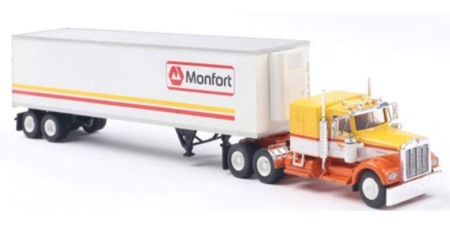BRE86257 - HO Scale Brekina Kenworth W900 Tandem Axle Truck Tractor & 45' Trailer - Orange/White "Monfort" #2