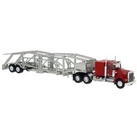 BRE86262 - HO Scale Brekina Kenworth W900 Tandem Axle Truck Tractor & Auto Carrier Trailer - Red/Silver