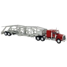 BRE86262 - HO Scale Brekina Kenworth W900 Tandem Axle Truck Tractor & Auto Carrier Trailer - Red/Silver
