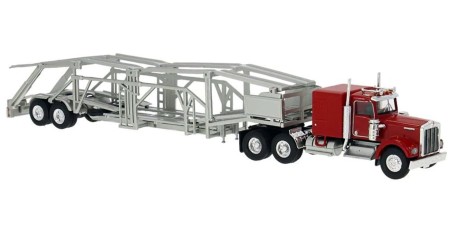 BRE86262 - HO Scale Brekina Kenworth W900 Tandem Axle Truck Tractor & Auto Carrier Trailer - Red/Silver