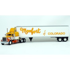 BR85719 HO Scale Brekina Peterbilt 359 63" Sleeper Truck Tractor Yellow/White/Orange & 45' Refrigerated Trailer - Monfort