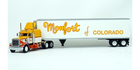 BR85719 HO Scale Brekina Peterbilt 359 63" Sleeper Truck Tractor Yellow/White/Orange & 45' Refrigerated Trailer - Monfort