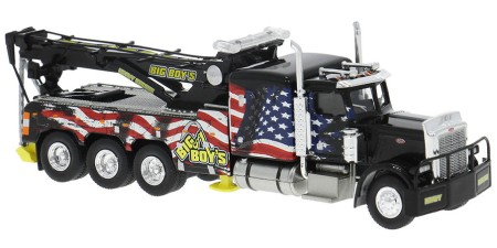 BR86280 HO Scale Brekina Peterbilt 359 Tri-Axle Tow Truck - Black w/American Flag Big Boy's BR86280 HO Scale Brekina Peterbilt 359 Tri-Axle Tow Truck - Black w/American Flag Big Boy's