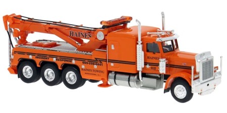 BR86282 HO Scale Brekina Peterbilt 359 Tri-Axle Tow Truck - Orange "Haines Towing"