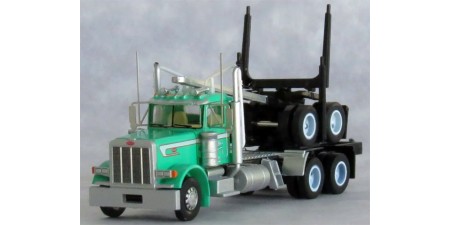 TRW47987 - N Scale Trainworx Peterbilt 379 Tandem Axle Truck & Logging Trailer - Jack A. Buell Logging Light Green/White Stripe